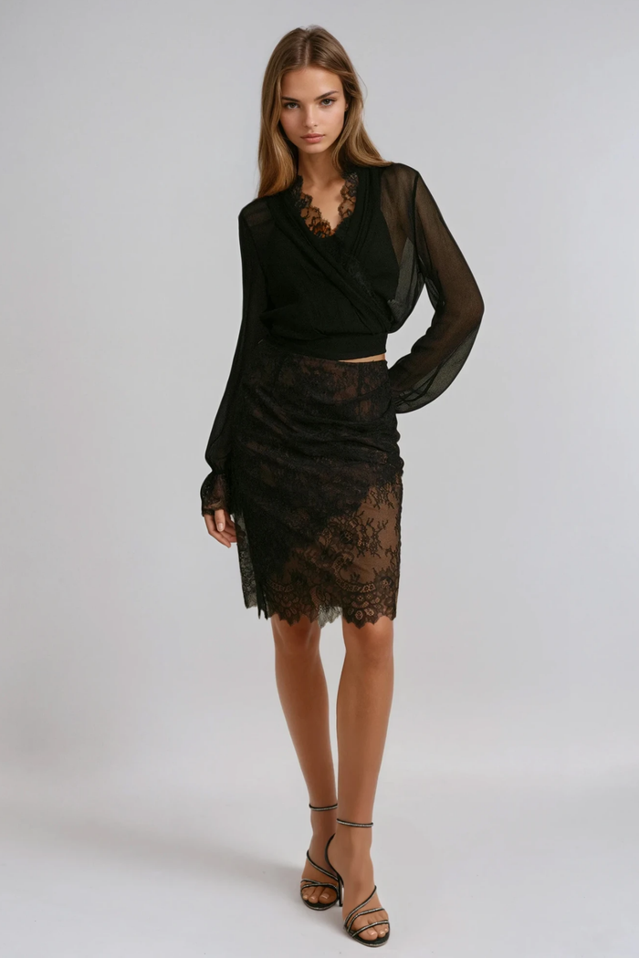 Dario V Neck Lace Skirt Set In Black