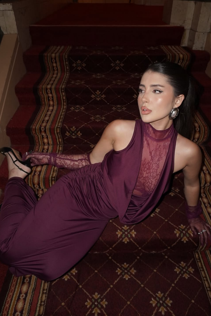 Darleen Cowl Neck Ruch Lace Maxi Dress In Purple