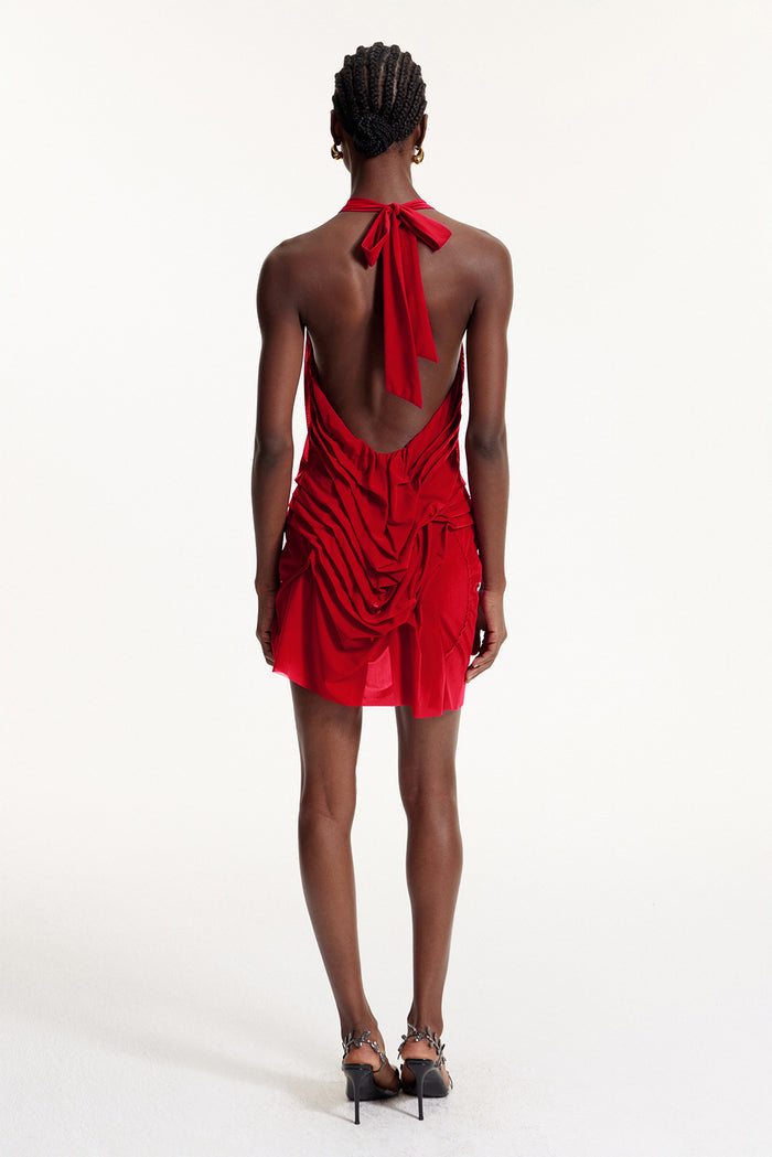 Davion Halter Neck Ruch Asymmetric Mini Dress In Red