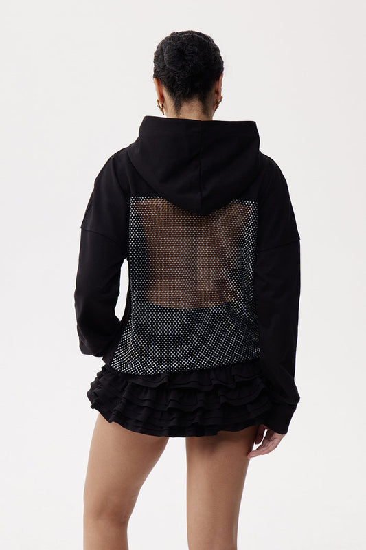 Dazhbog Hooded Rhinestone Mesh Top In Black