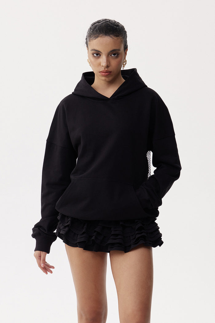 Dazhbog Hooded Rhinestone Mesh Top In Black