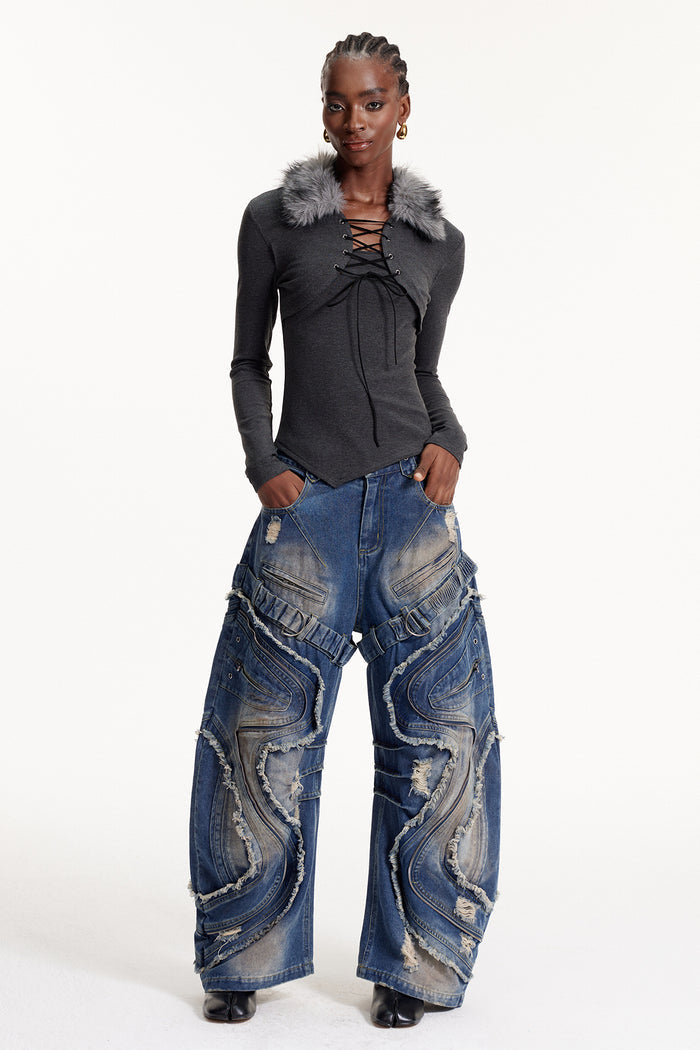 Debdas Zipper Bleached Baggy Jeans