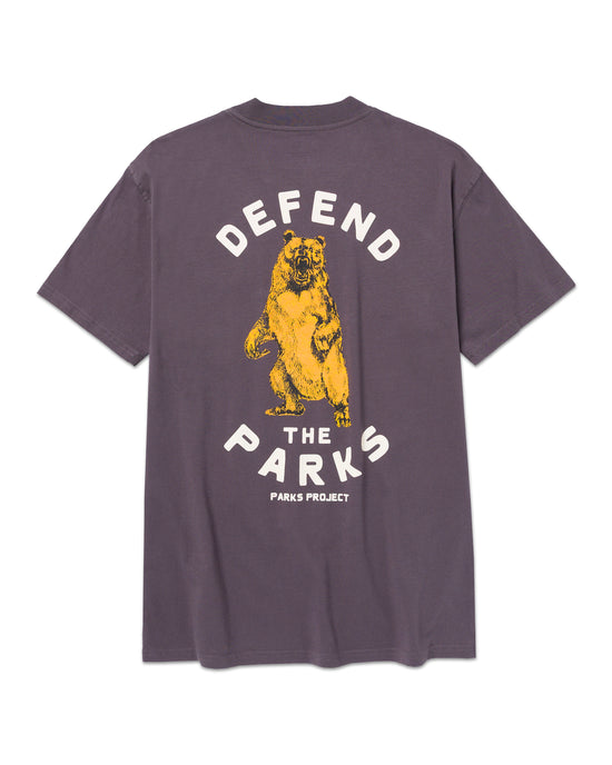 Back view of a purple Defend the Parks bear pocket tee with a yellow bear graphic and DEFEND THE PARKS text