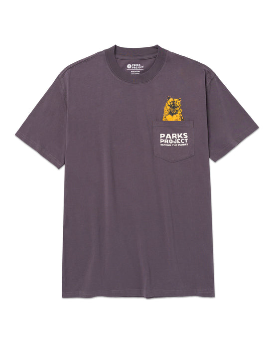 Front view of the purple Defend the Parks bear pocket tee with a yellow bear peeking from the chest pocket and PARKS PROJECT text on the pocket