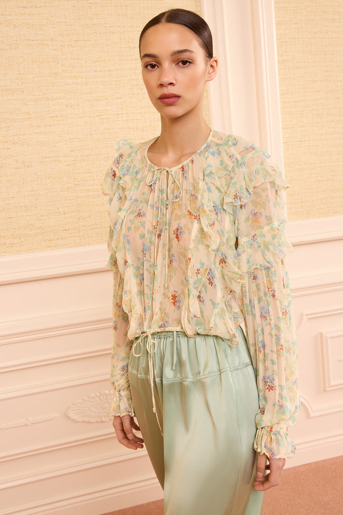 Moon Petal Floral Silk-Chiffon Ruffled Blouse - Front View On Model | Ulla Johnson