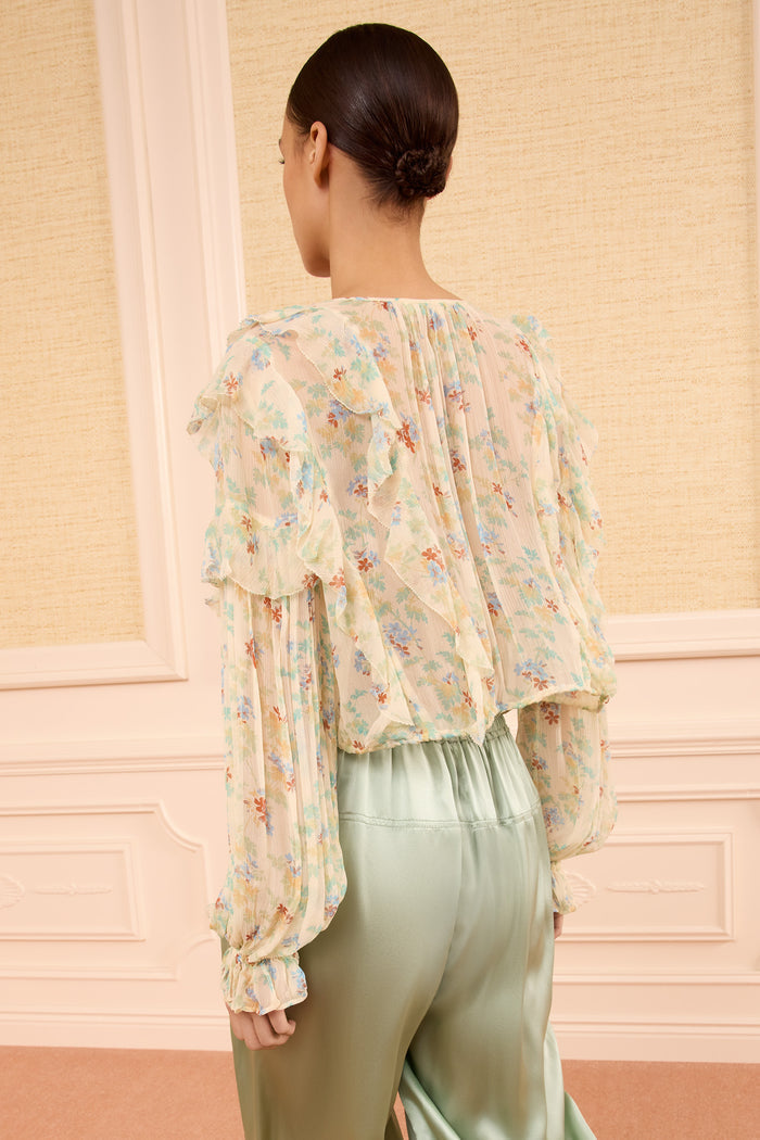 Moon Petal Floral Silk-Chiffon Ruffled Blouse - Back View On Model | Ulla Johnson