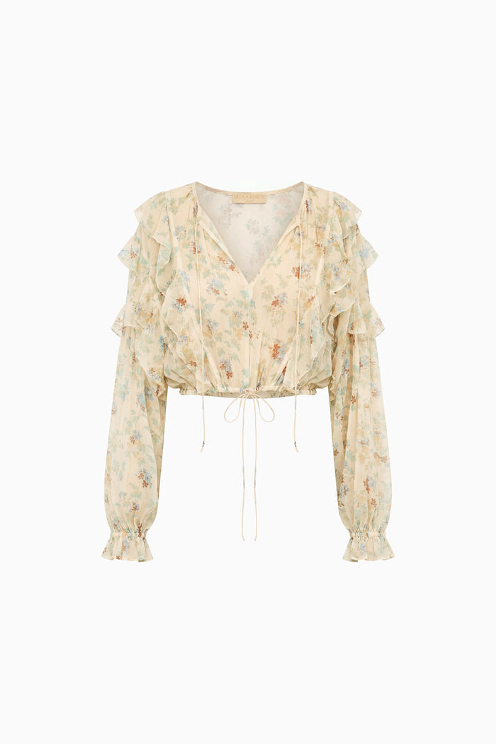 Moon Petal Floral Silk-Chiffon Designer Blouse - Flat Lay | Ulla Johnson