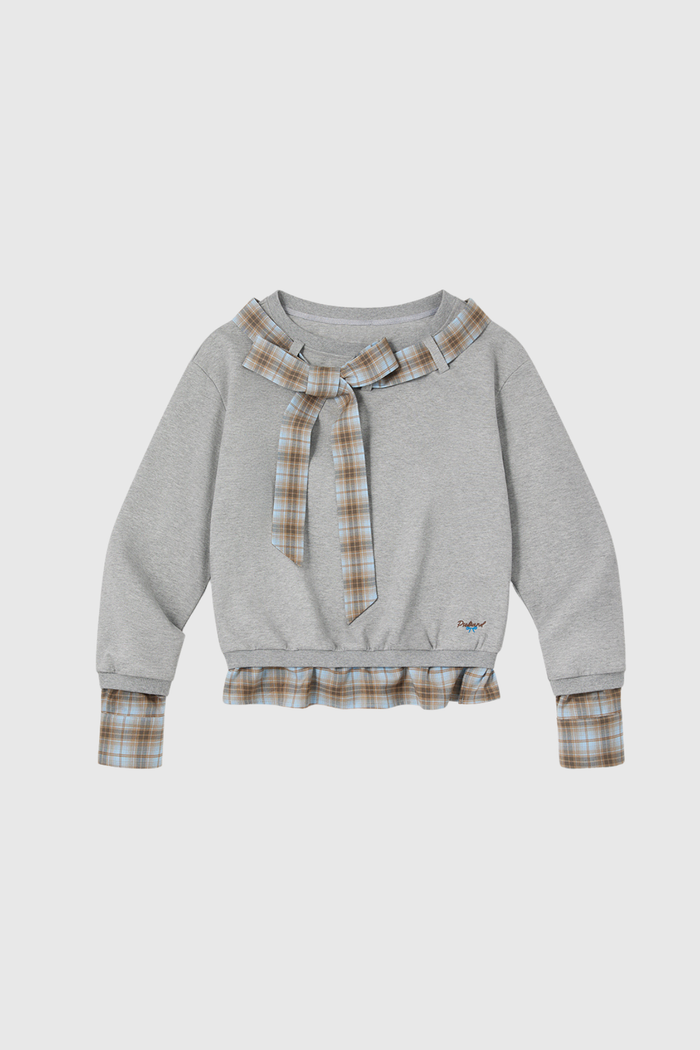 Derrick Asymmetric Bow Grid Top In Grey