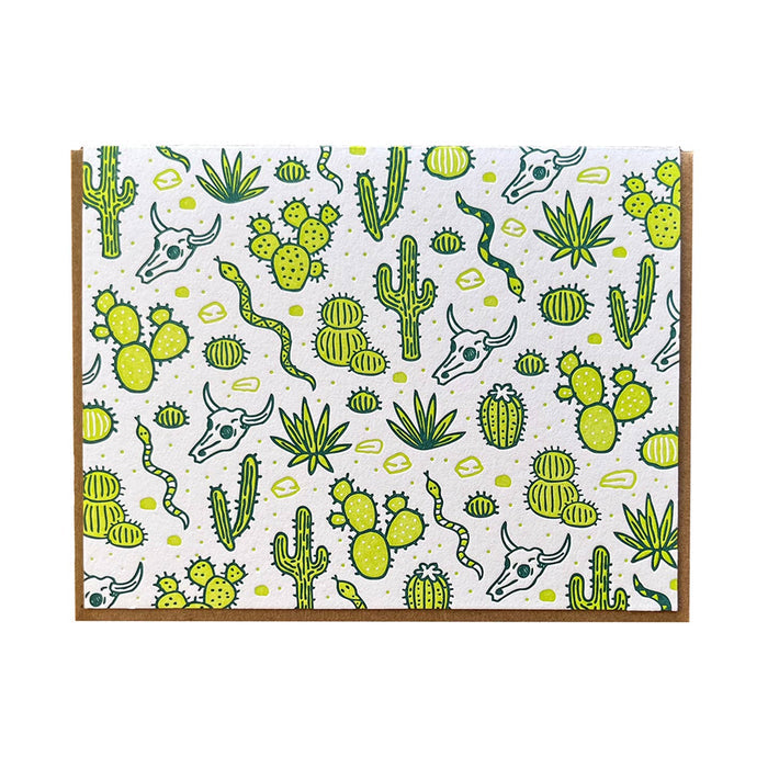 Desert Cactus card with lime green cacti and yellow flowers on a light background