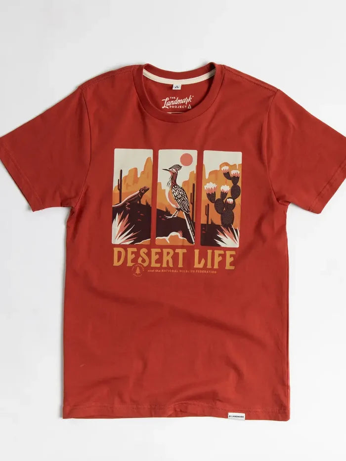 Red Desert Life T-shirt laid flat showing a three panel desert scene graphic.