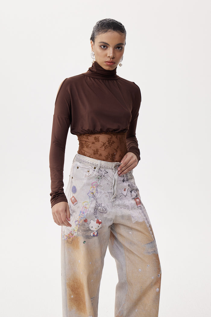 Desideratus Deconstruct Cutout Lace Top In Brown