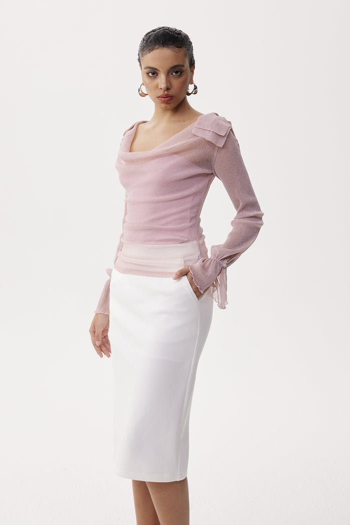Desideria Cowl Neck Glitter Ruch Top In Pink