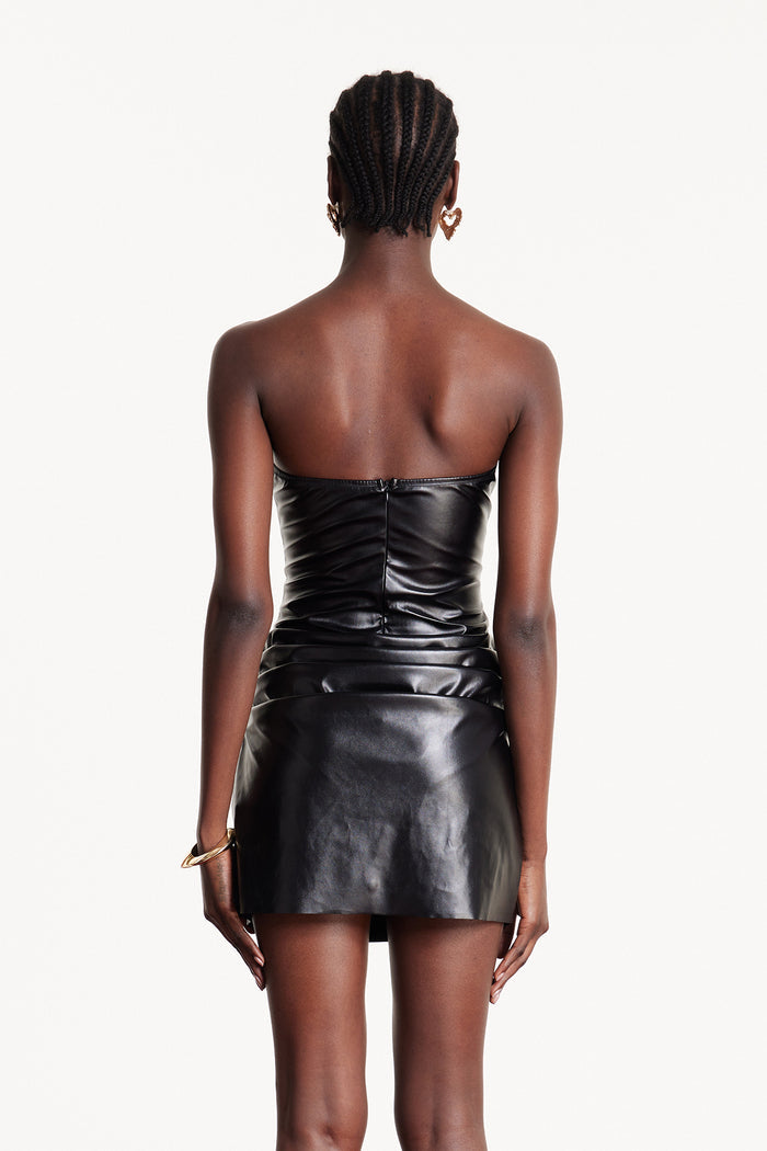 Devontae Corset Ruch Leather Mini Dress In Black