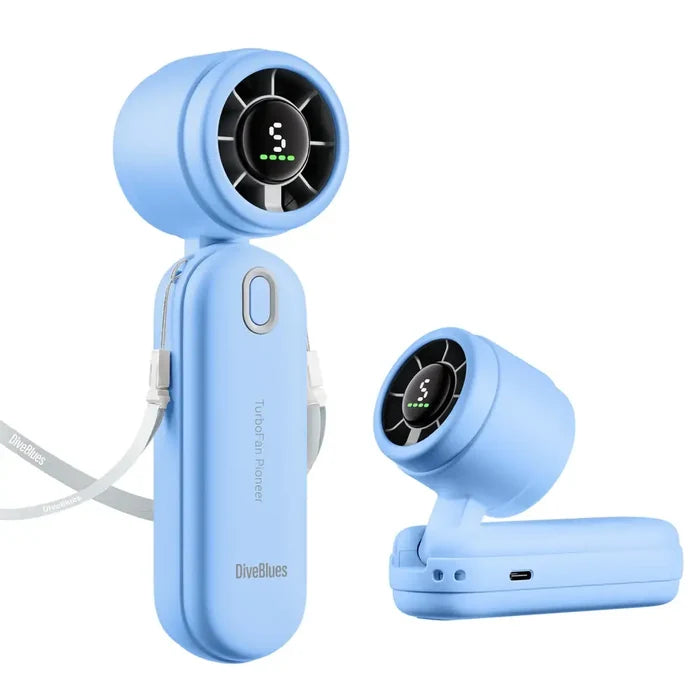 Diveblues Portable rechargeable iTurbo handheld fan in blue colour showing the lanyard and handsfree set-up