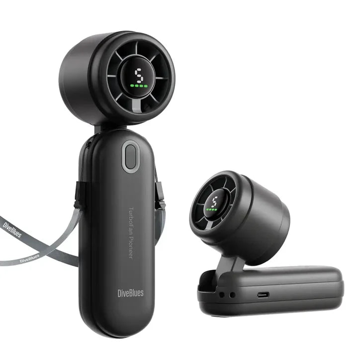 Diveblues Portable rechargeable iTurbo handheld fan in black colour showing the lanyard and handsfree set-up