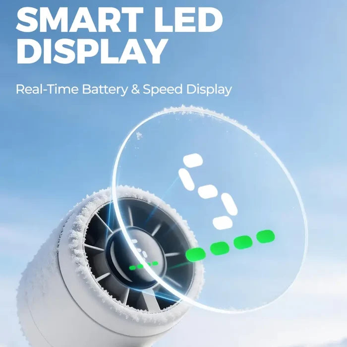 Infographic of Diveblues Portable Turbo Handheld Fan smart LED display with real-time battery and speed display on a blue skybackground