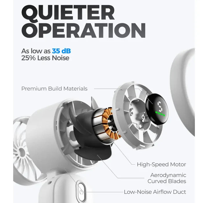 Diveblues Portable Turbo Handheld Fan motor with labeled components and text about quieter operation and noise reduction
