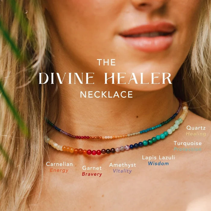 Rainbow beaded necklace displayed on a white card with Divine Healer branding.