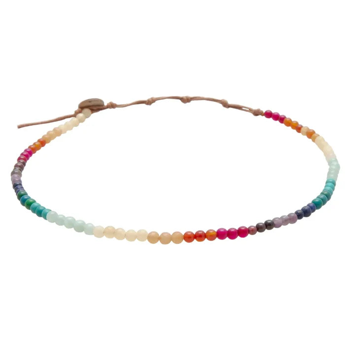 Divine Healer Beaded Necklace with rainbow colored tiny beads on a tan cord
