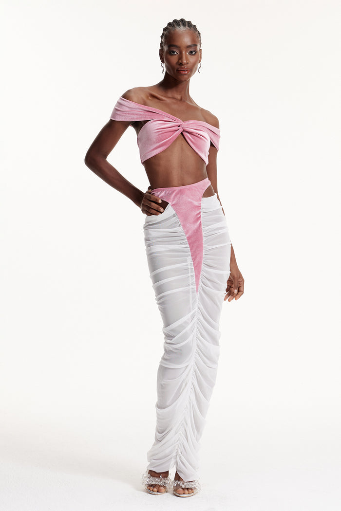 Dobri Crop Cutout Mesh Skirt Set In Pink