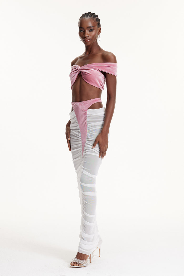 Dobri Crop Cutout Mesh Skirt Set In Pink