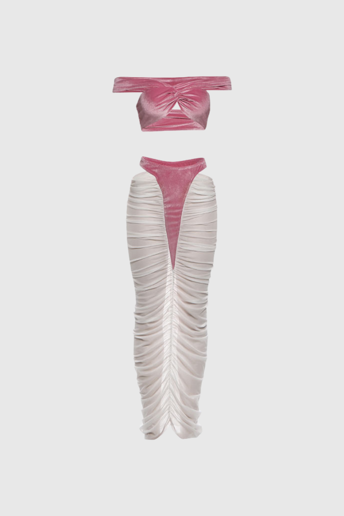 Dobri Crop Cutout Mesh Skirt Set In Pink