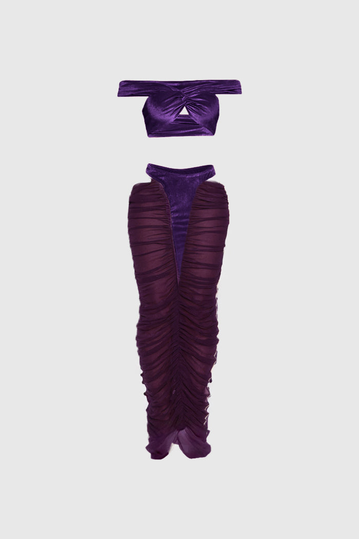 Dobri Crop Cutout Mesh Skirt Set In Purple