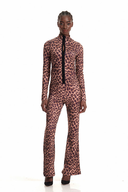 Dobromila Leopard Long Sleeve Bodycon Hook Pants Set
