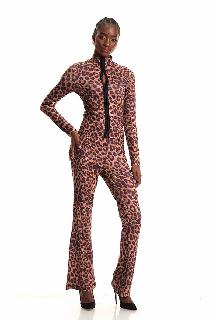 Dobromila Leopard Long Sleeve Bodycon Hook Pants Set