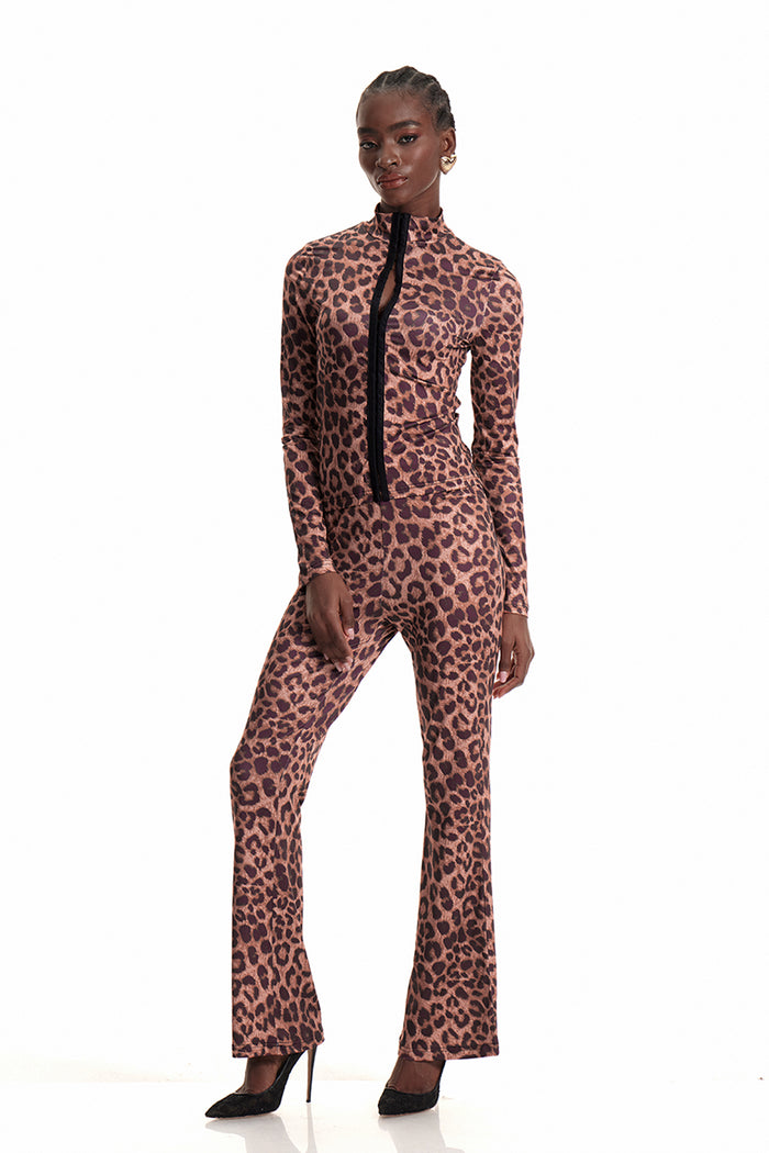 Dobromila Leopard Long Sleeve Bodycon Hook Pants Set