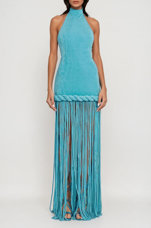 Dorel Halter Neck Twist Fringe Maxi Dress In Blue