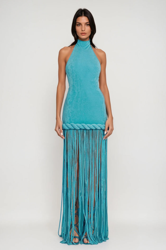 Dorel Halter Neck Twist Fringe Maxi Dress In Blue