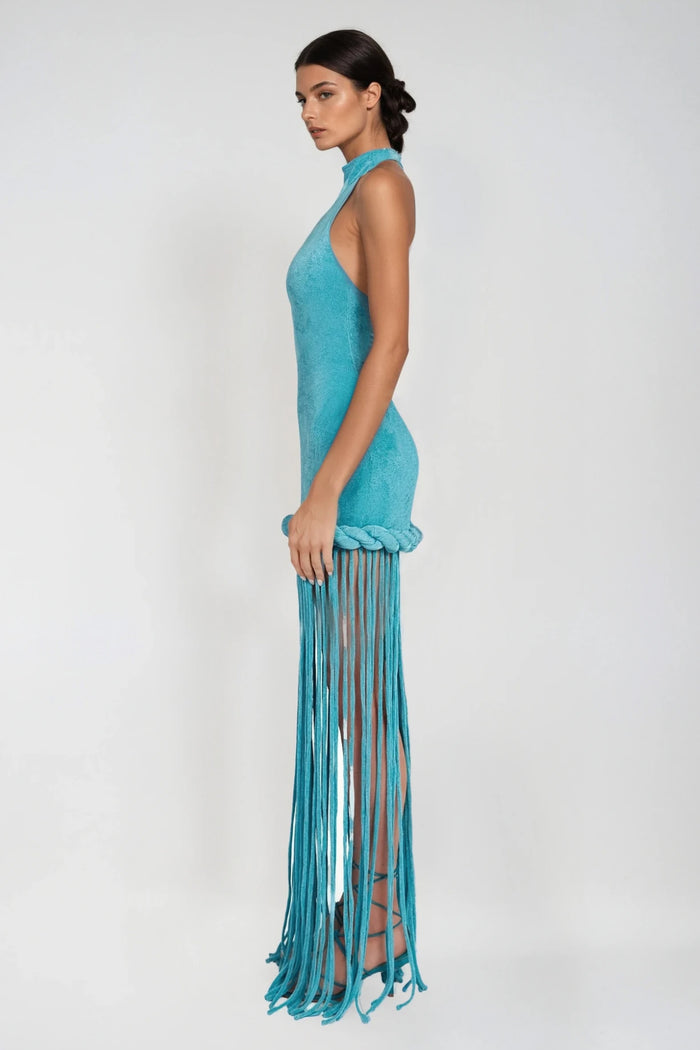 Dorel Halter Neck Twist Fringe Maxi Dress In Blue