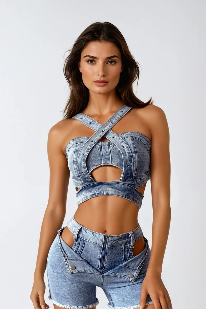 Dori Crop Denim Pants Set