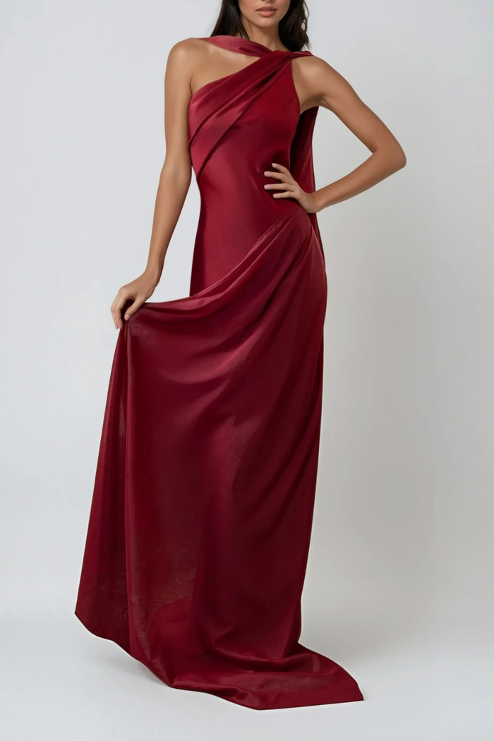 Doria Backless Satin Scarf Maxi Dress In Red