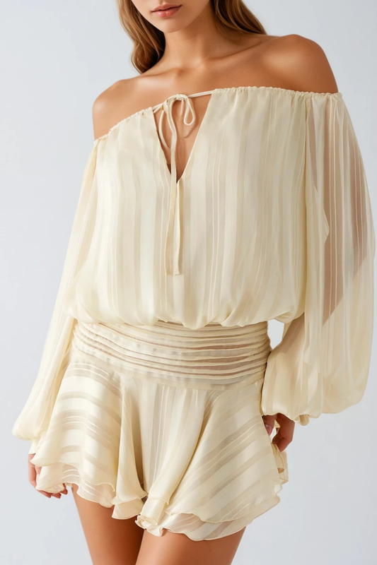 Dorota Off Shoulder Ruch Stripe Mini Dress In Apricot