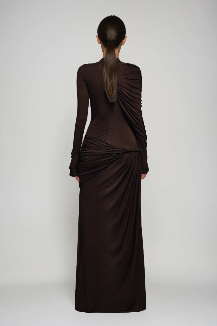 Douglass Asymmetric Ruch Maxi Dress In Brown