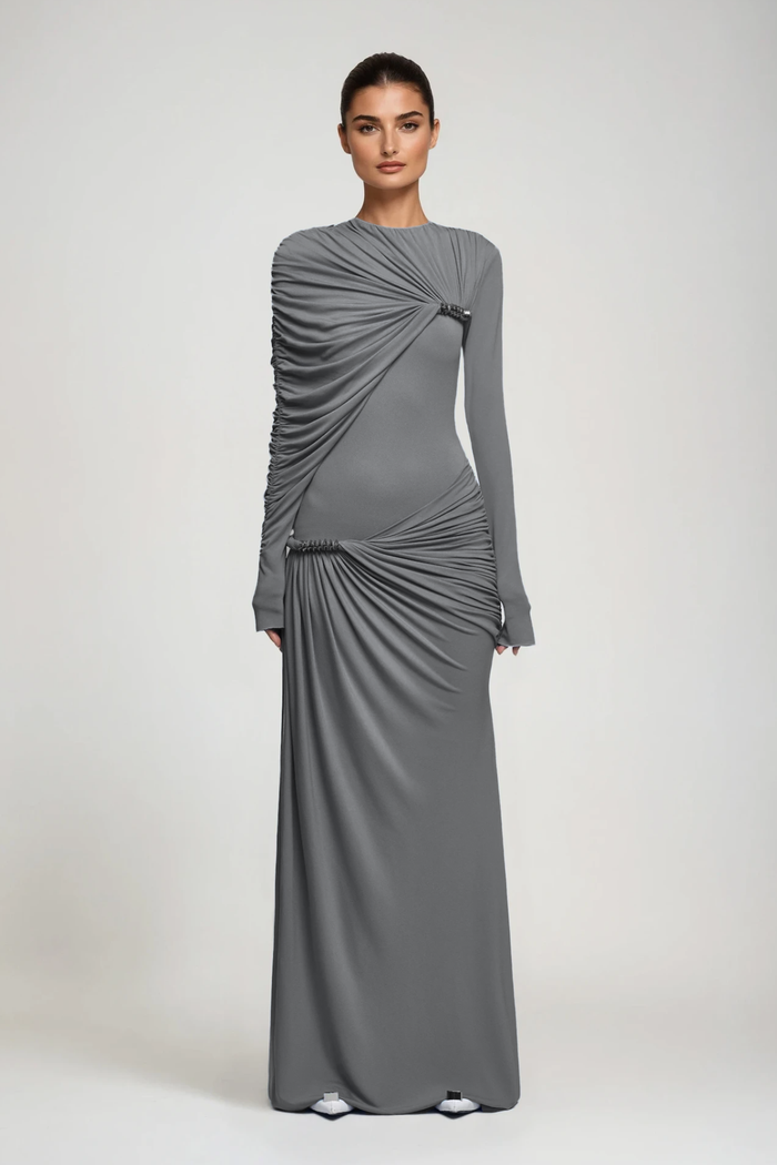Douglass Asymmetric Ruch Maxi Dress In Grey