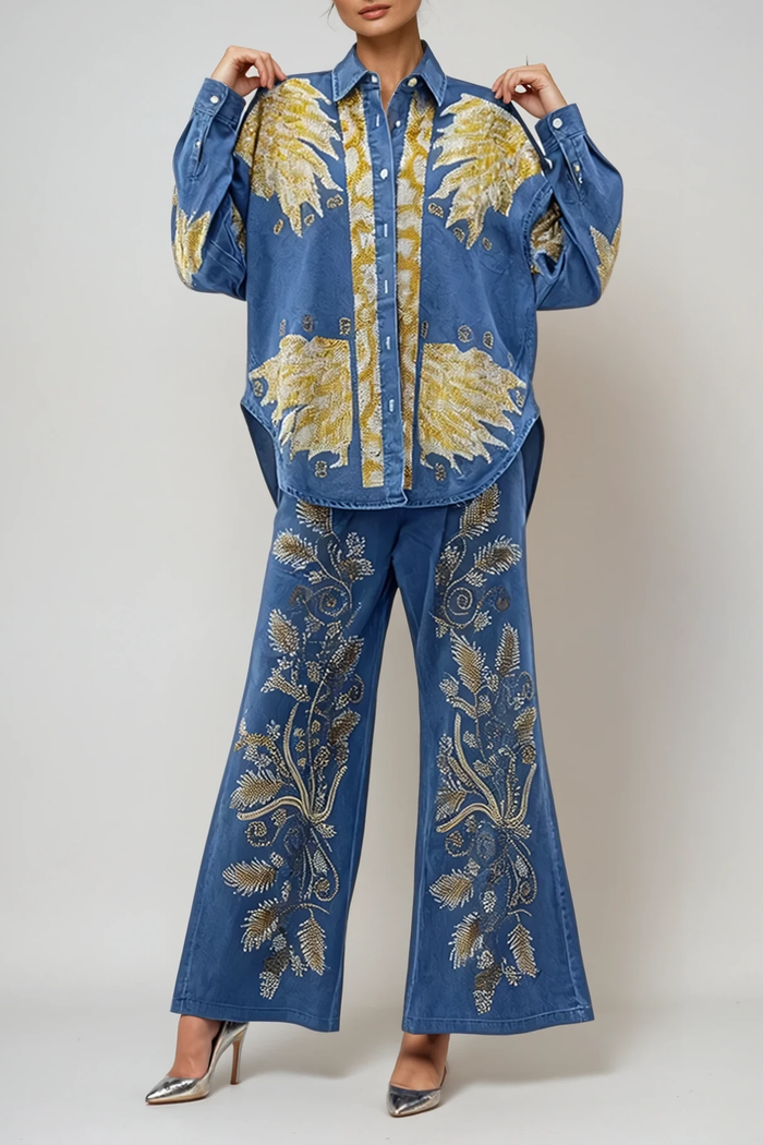 Dowlet Lapel Embroidered Denim Pants Set
