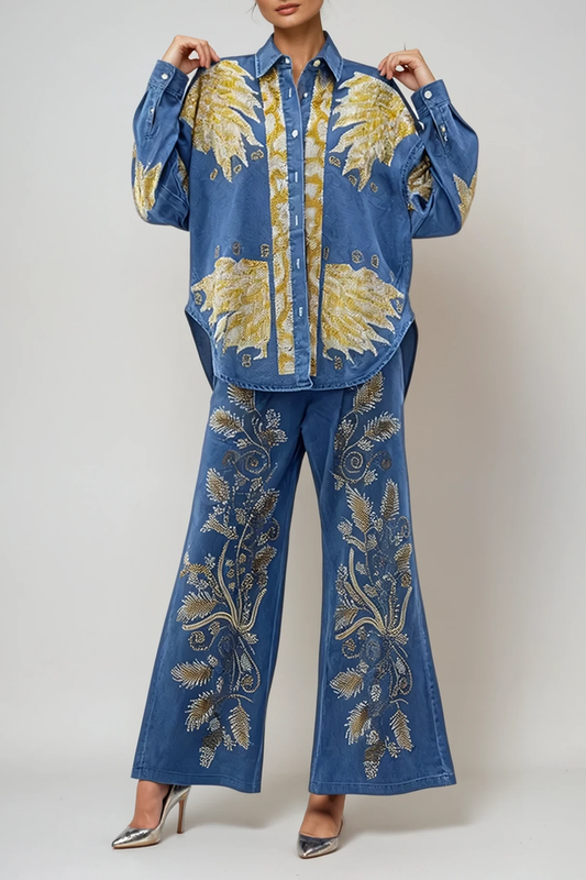 Dowlet Lapel Embroidered Denim Pants Set