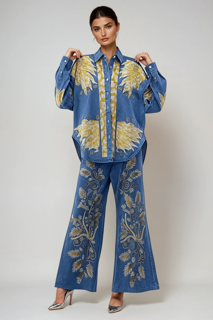 Dowlet Lapel Embroidered Denim Pants Set