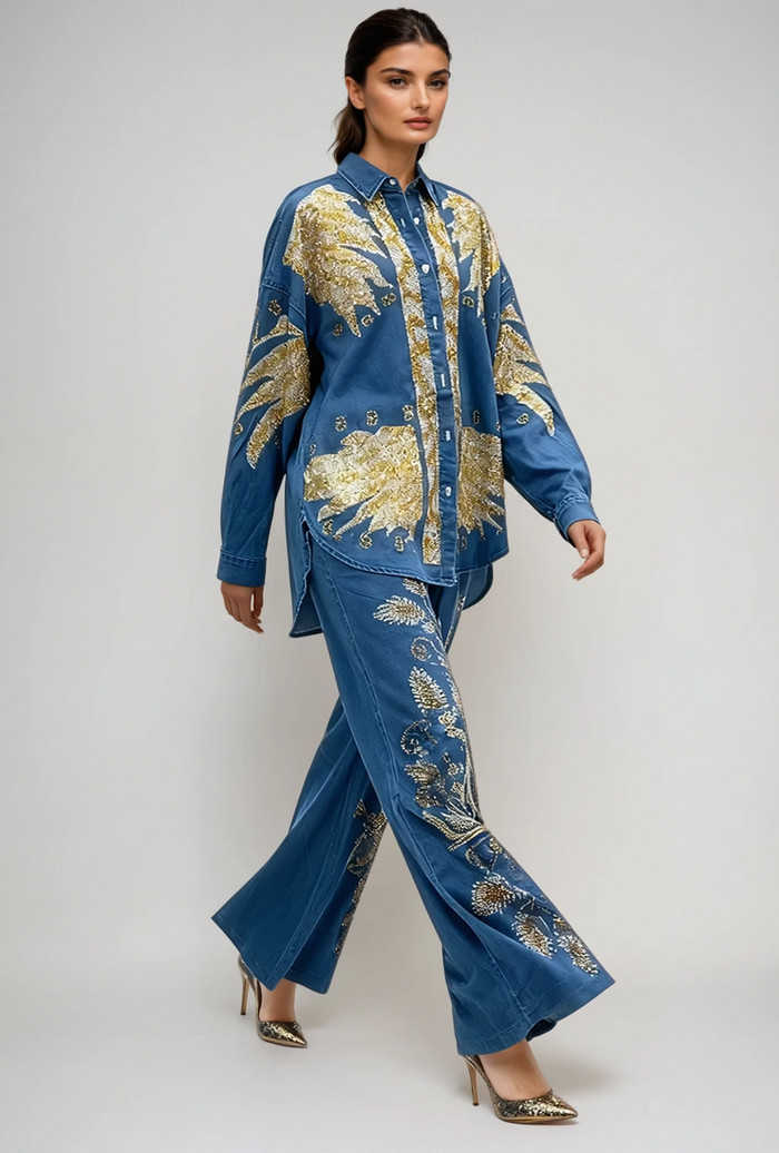Dowlet Lapel Embroidered Denim Pants Set