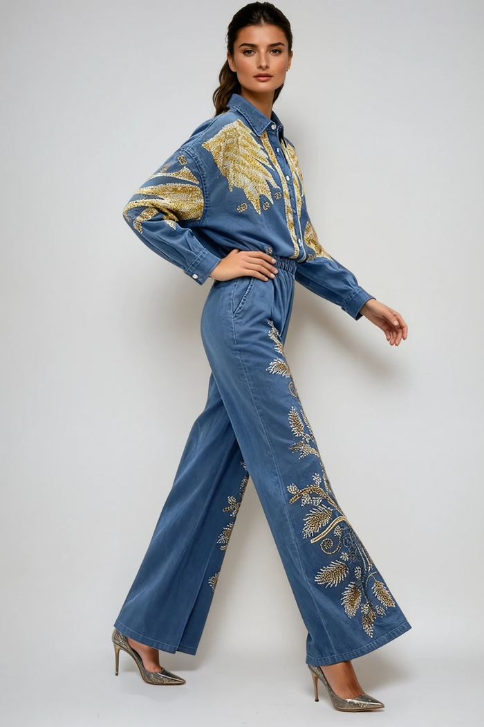 Dowlet Lapel Embroidered Denim Pants Set