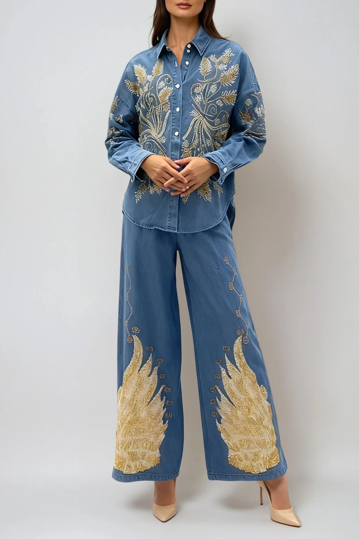 Dowlet Long Sleeve Embroidered Denim Pants Set