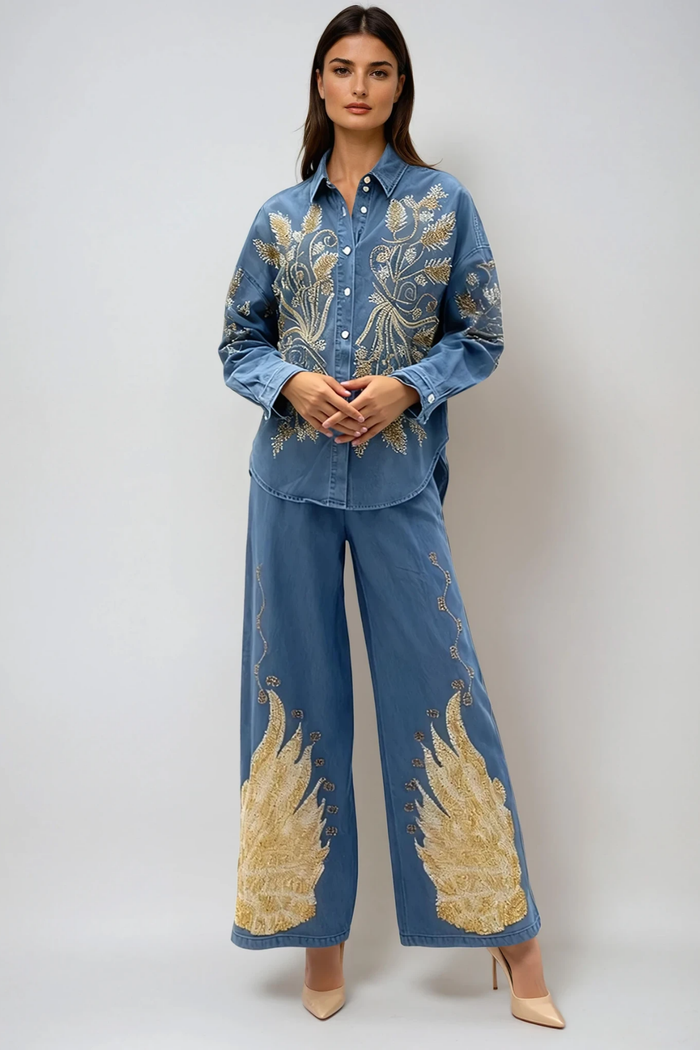 Dowlet Long Sleeve Embroidered Denim Pants Set