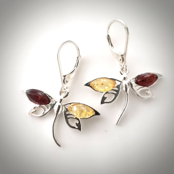 multicolor amber dragonfly earrings in sterling silver