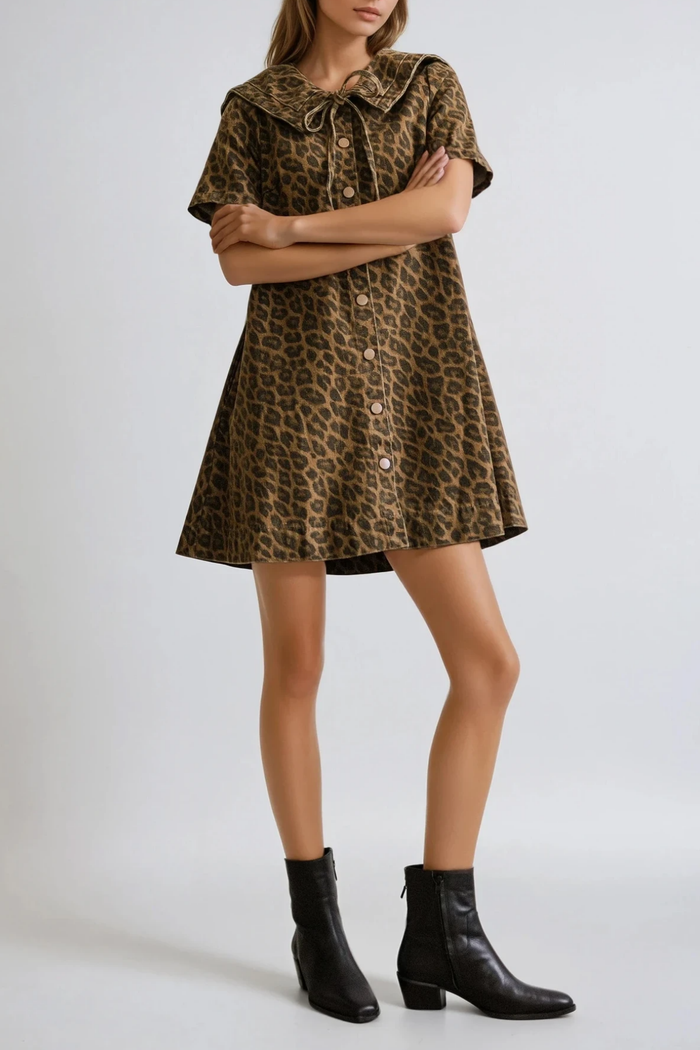 Dragutin Lapel Denim Leopard Mini Dress In Brown
