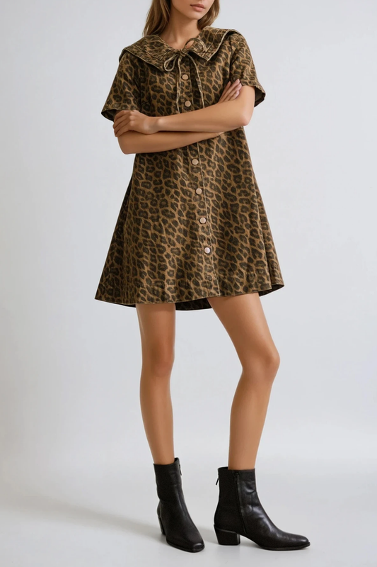 Dragutin Lapel Denim Leopard Mini Dress In Brown