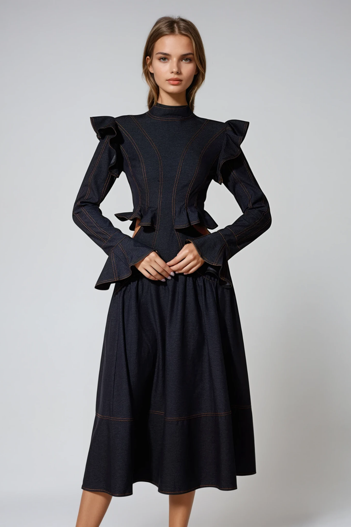 Drusa Cutout Ruffle Denim Midi Dress