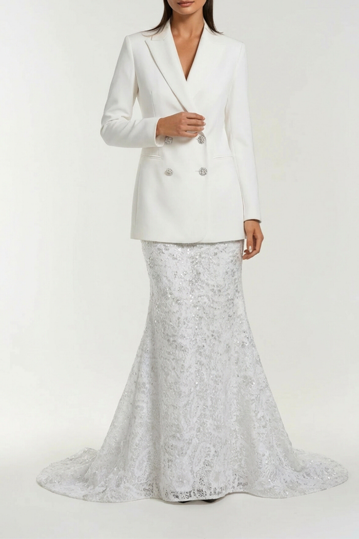 Durai Backless Double Breasted Crystal Skirt Set